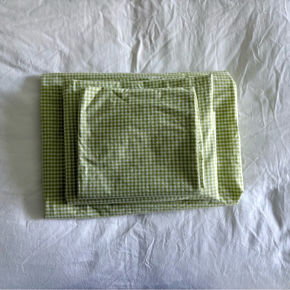 Pottery Barn Kids Cotton Light Green and White Gingham Toddler Bedding Sheet Set
